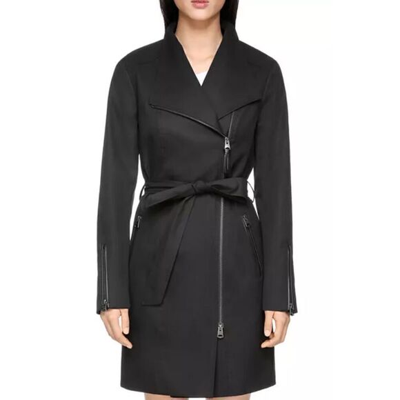Mackage Montreal Women's Black Asymmetrical Zip Trench Coat Size Large - Picture 9 of 9